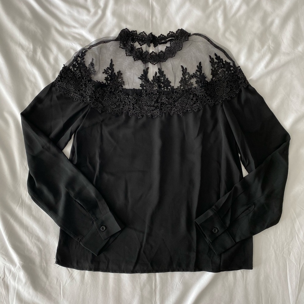 Black Long Sleeve Blouse With Lace Applique Detail